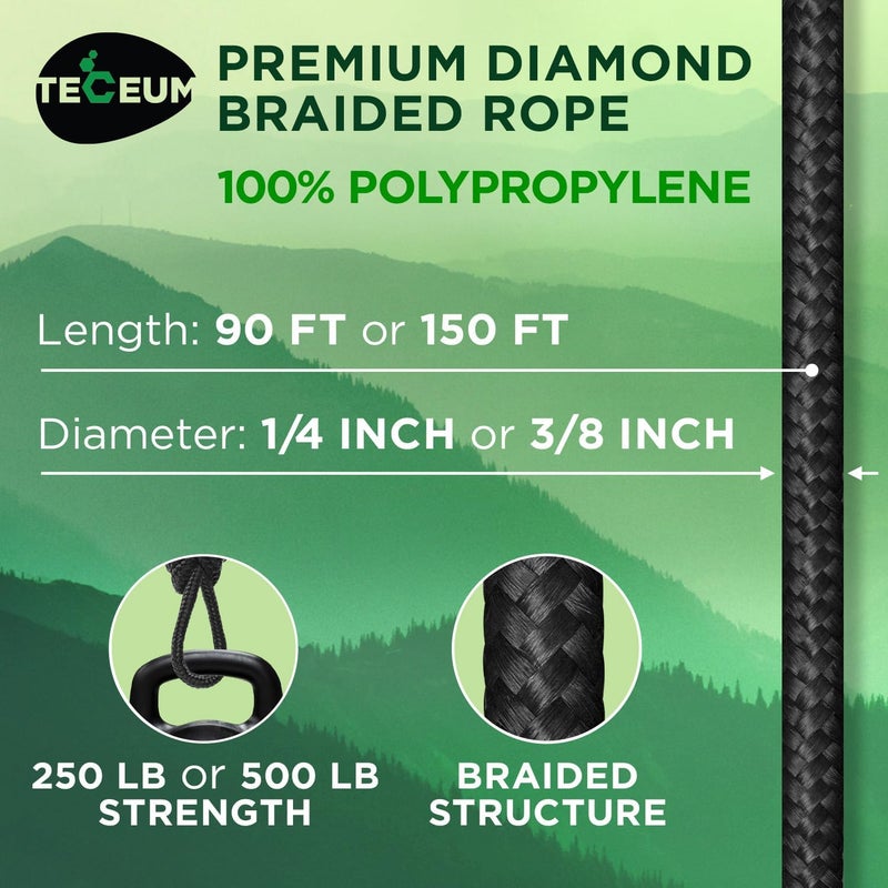 TECEUM Rope – 1/4” & 3/8” – 90 FT | 150 FT – Strong All-Purpose Utility Rope – Camping, Crafting, Flag Pole, Indoor & Outdoor – Polypropylene Nylon Poly Lightweight Diamond Braided Cord – Black - Image 2